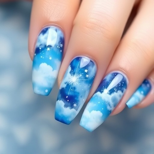 ناخن آبی مدل ابر و کهکشان (Cloud & Galaxy Blue Nails)