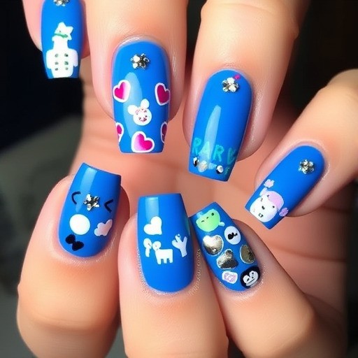 ناخن آبی با استیکر و نگین (Blue Nails with Stickers & Rhinestones)