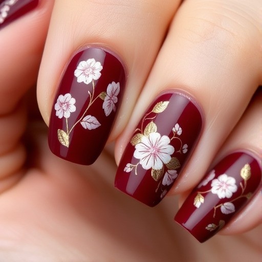 کاشت ناخن زرشکی با دیزاین گل‌دار