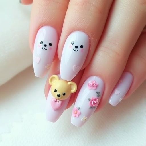 ناخن خرسی با طراحی قلب و گل