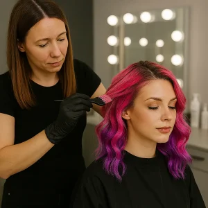 آرایشگر زنانه در حال کار روی مشتری با رنگ ترند
