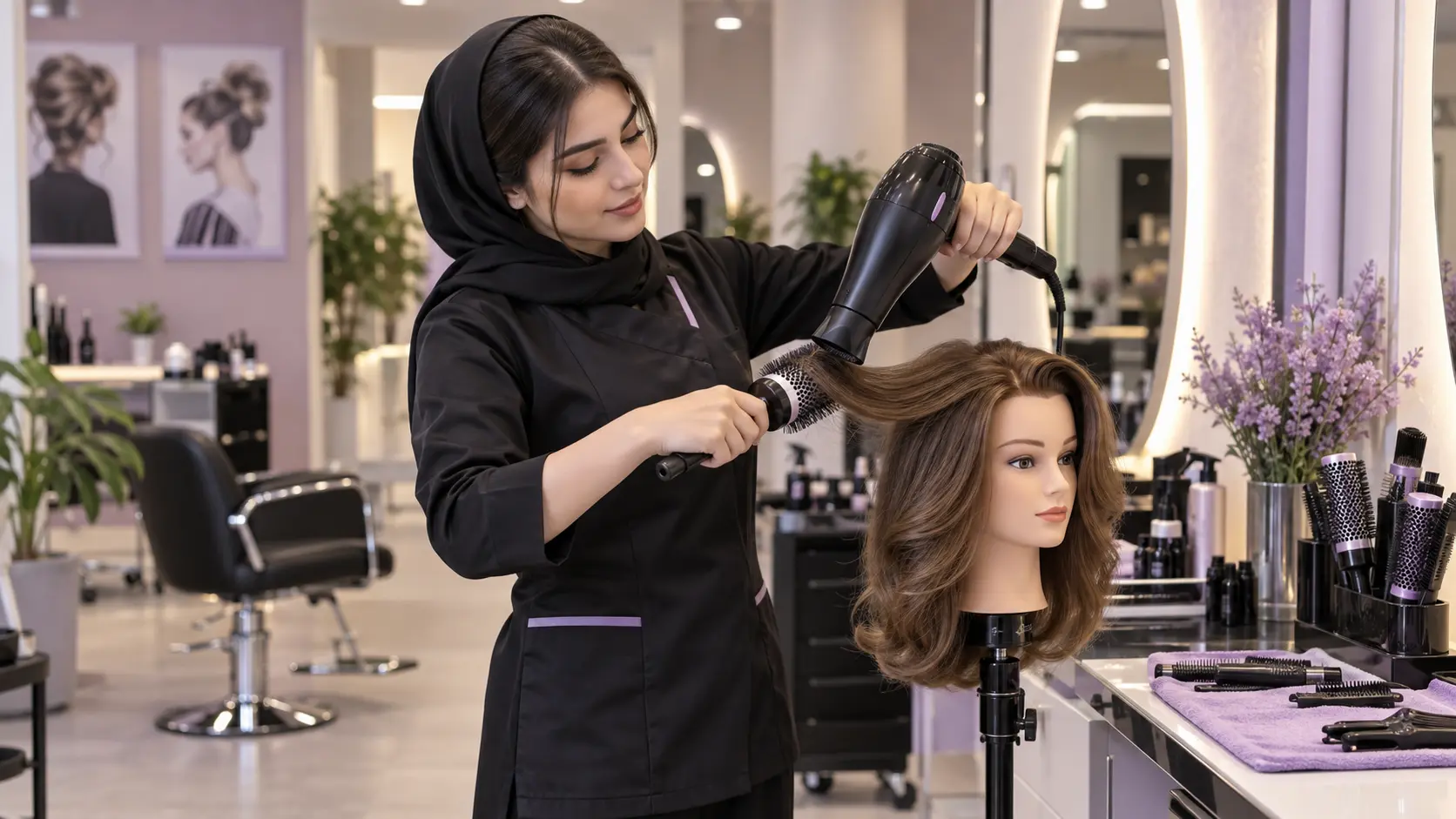 تمرین تخصصی براشینگ و حالتدهی مو آموزشگاه آرایش و پیرایش زنانه؛ تمرین شینیون و کار با ابزار