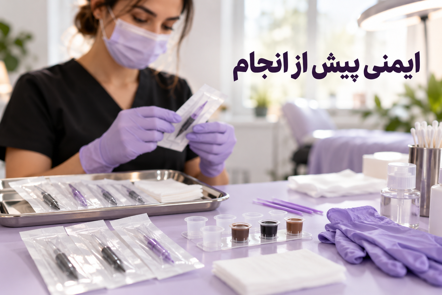 ایمنی پیش از انجام بن مژه آمادهسازی ایمن ابزار یکبارمصرف و رنگدانه برای بن مژه در محیط تمیز