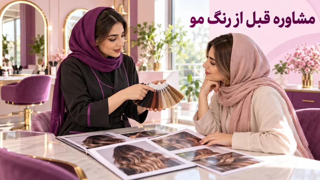 تصویرسازی مشاوره قبل از رنگ مو با بررسی نمونه رنگ و عکس مرجع