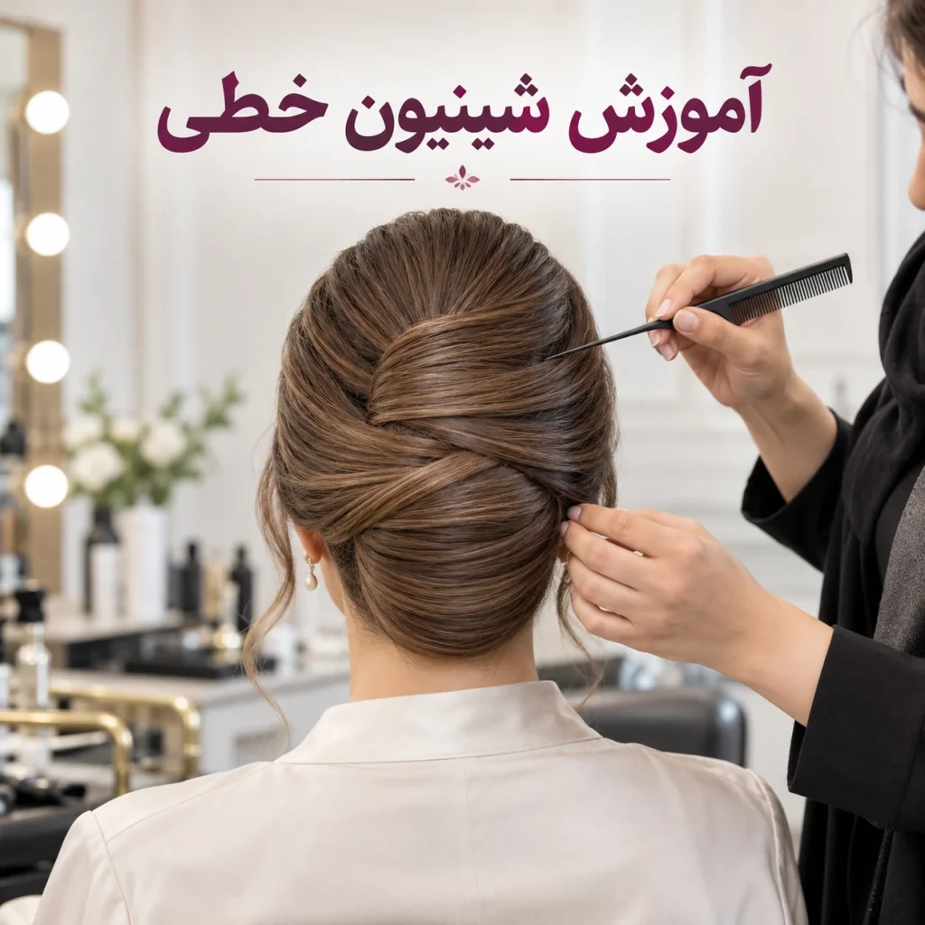 آموزش شینیون خطی با خطوط منظم و فیکس پنهان در نمای پشت سر